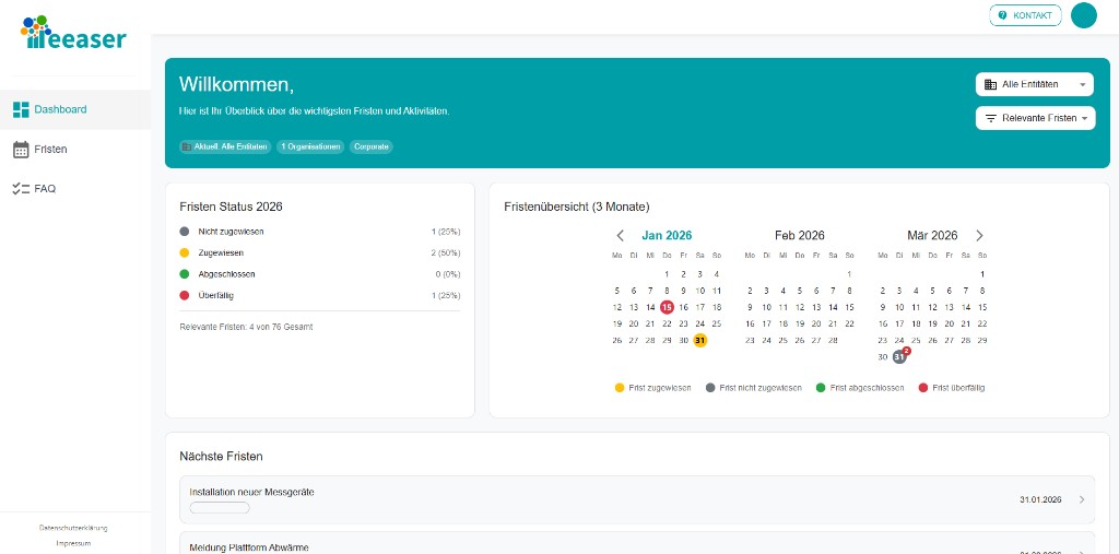 Dashboard des Fristenkalenders mit Fristenstatus, Kalenderübersicht und nächsten Fristen.