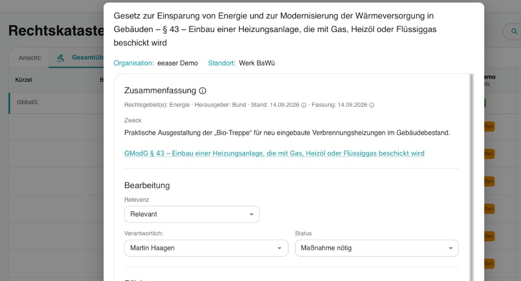 Eintrag im Rechtskataster mit Zusammenfassung, Relevanz, Verantwortlichkeit und Status
