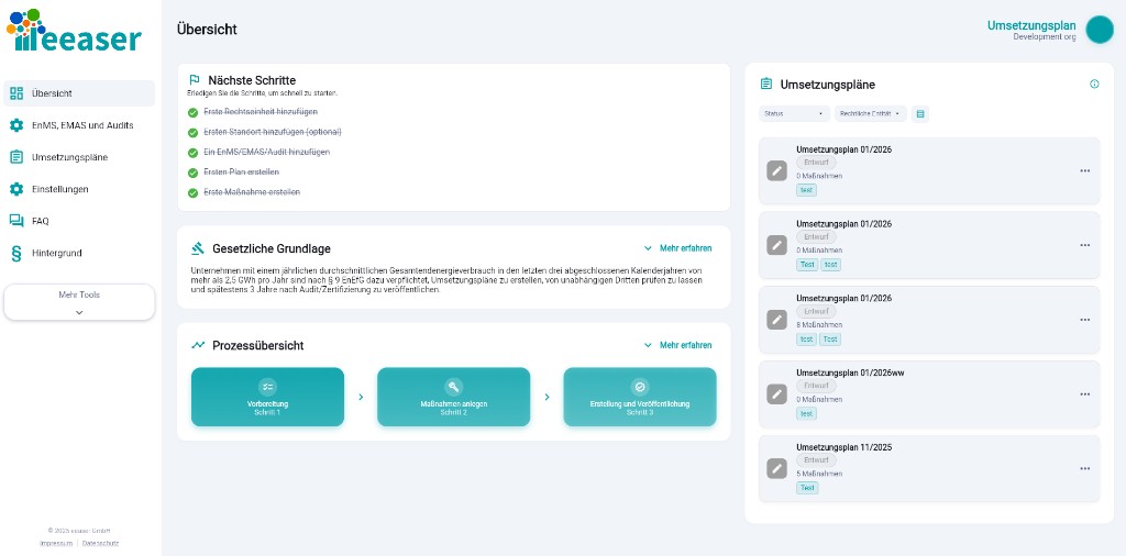 Dashboard des Umsetzungsplans mit Übersicht, nächsten Schritten und Umsetzungsplänen.